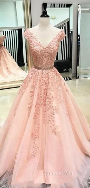 V Neck Cap Sleeves Peach Lace A-Line Long Evening Evening Prom Dress