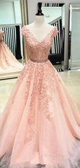 V Neck Cap Sleeves Peach Lace A-Line Long Evening Evening Prom Dress