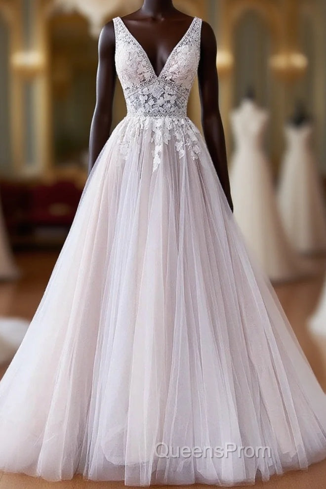V Neck Champagne Lace Wedding Dress, V Neck Champagne Lace Formal Evening Prom Dress Main image