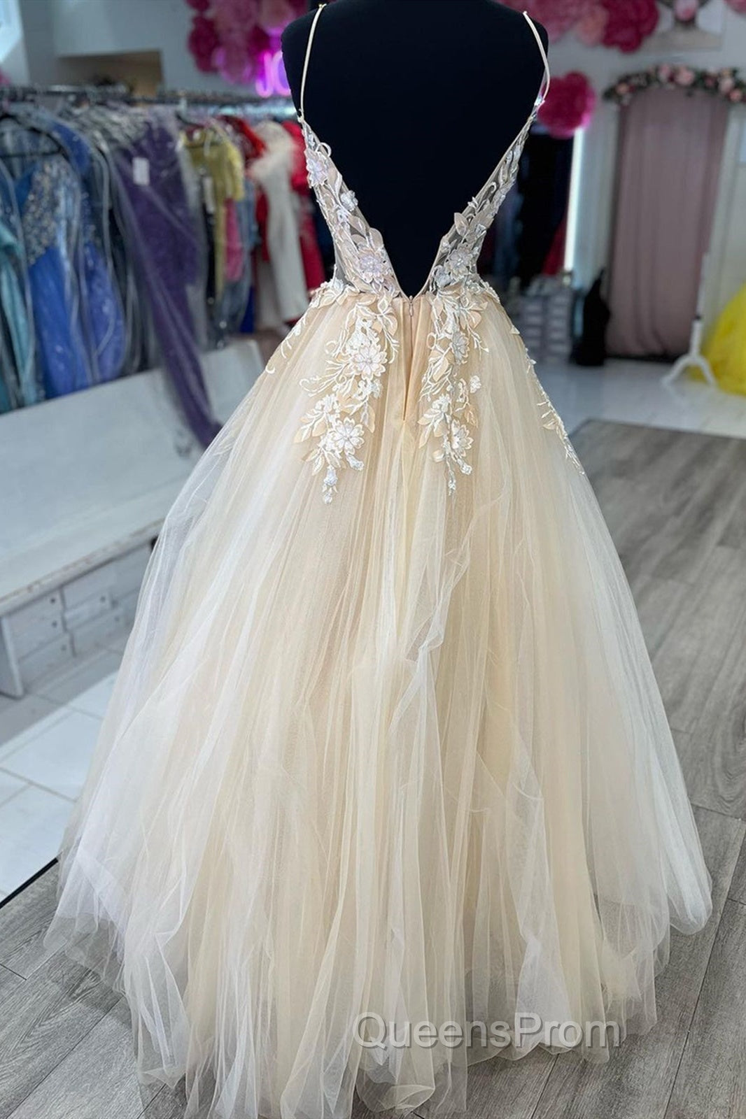 V Neck Champagne Tulle Lace Wedding Dress, Champagne Tulle Lace Formal Evening Prom Dress Secondary image