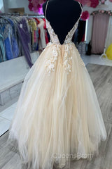 V Neck Champagne Tulle Lace Wedding Dress, Champagne Tulle Lace Formal Evening Prom Dress