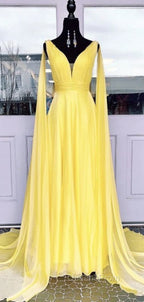 V-neck Chiffon Long Evening Prom Dress, A-line Evening Prom Dress