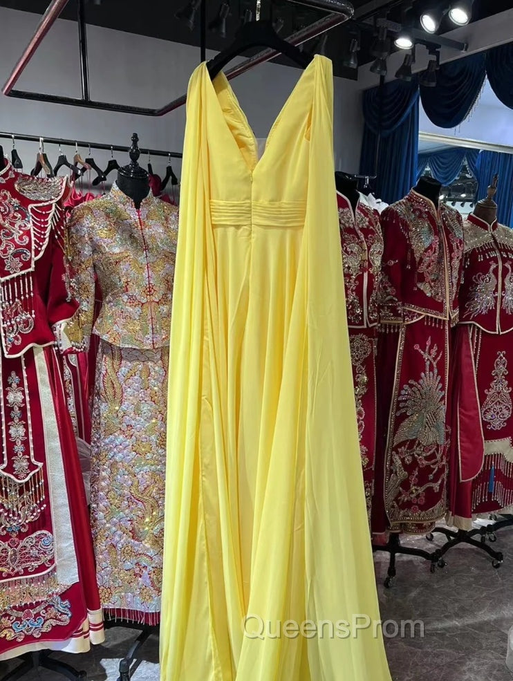 V-neck Chiffon Long Evening Prom Dress, A-line Evening Prom Dress