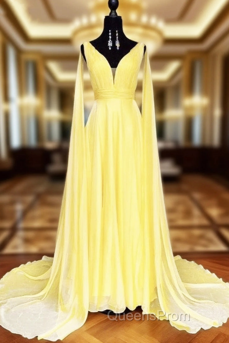 V-neck Chiffon Long Evening Prom Dress, A-line Evening Prom Dress