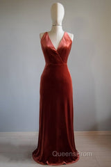 V-Neck Copper Velvet Long Bridesmaid Dress With Strap Back