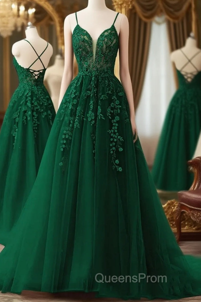 V Neck Dark Green Lace Long Evening Prom Dress, V Neck Dark Green Lace Long Formal Evening Dress Main image