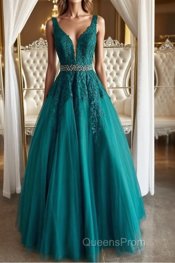 V Neck Dark Green Lace Evening Prom Dress, Dark Green Lace Formal Evening Dress Main image
