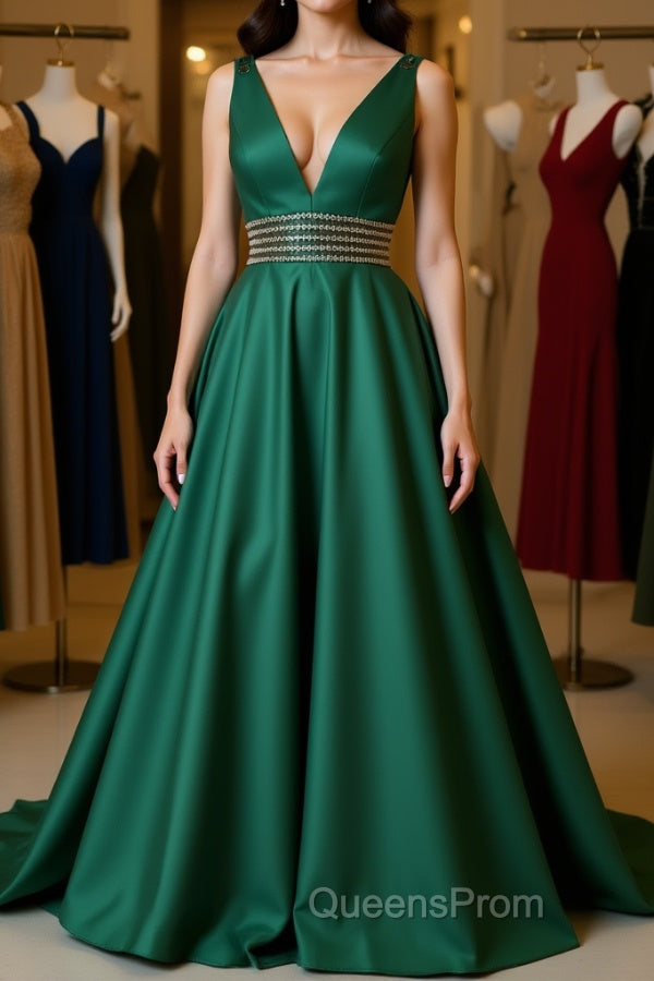 V Neck Emerald Green Satin Long Evening Prom Dress, Emerald Green Formal Graduation Evening Dress Main image