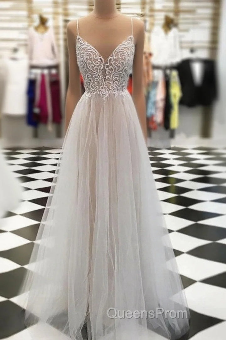 V Neck Floor Length Champagne Lace Evening Prom Dress, Champagne Lace Wedding Dress, Evening Dress Main image