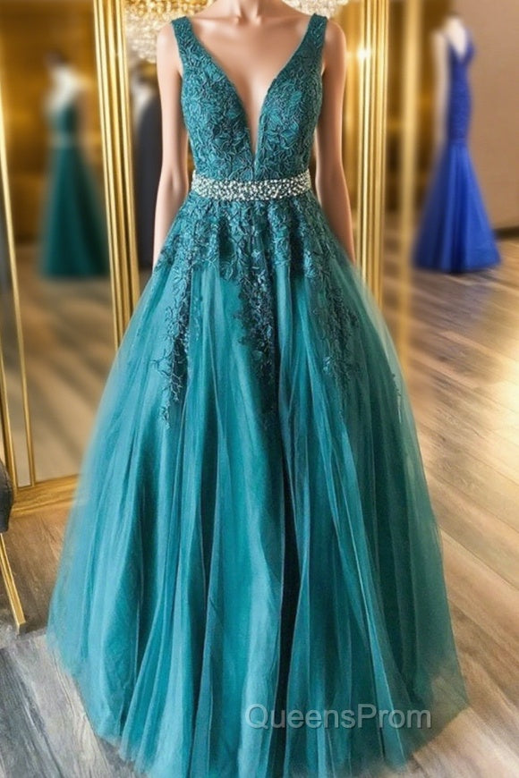 V Neck Green Lace Long Evening Prom Dress with Beaded Belt, Long Green Lace Formal Evening Dress Main image