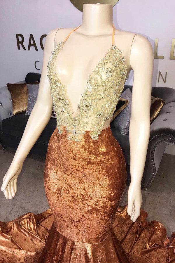 V-Neck Halter Beading Sequins Court Train Mermaid Prom Dresses Secondary image