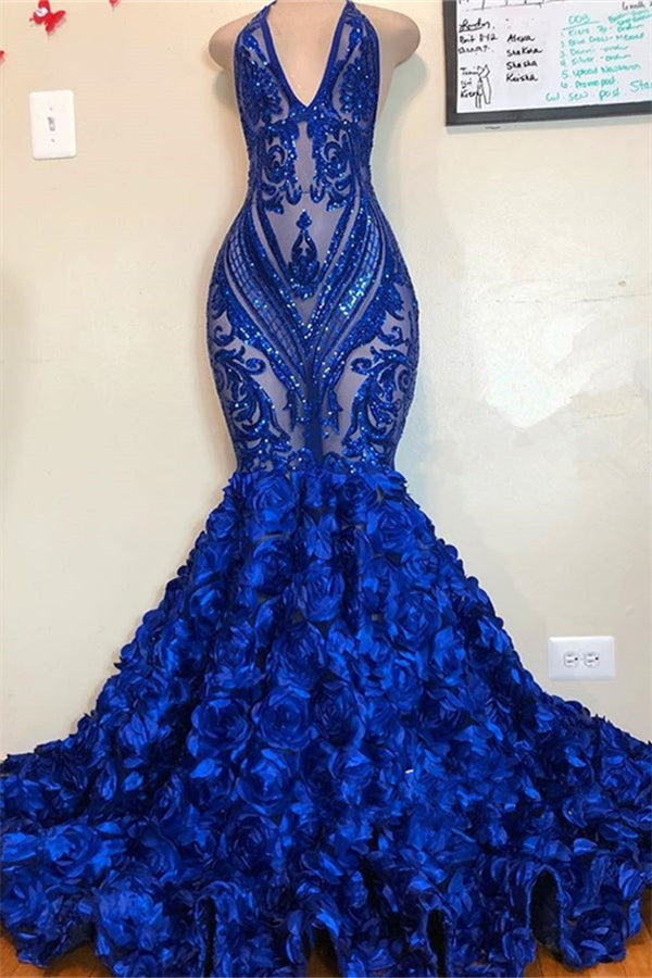 V-Neck Halter Sequins Pattern Floral Sweep Train Prom Dresses Main image