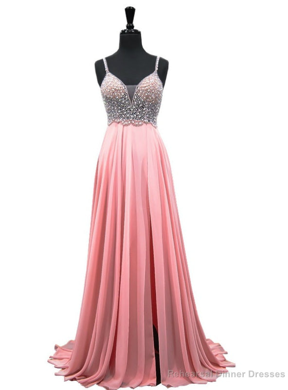 V-neck Heavy Beaded African Pink Chiffon Backless Prom Dress Main image