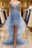 V Neck High Low Blue Lace Evening Prom Dress, Blue Lace High Low Formal Evening Graduation Dress