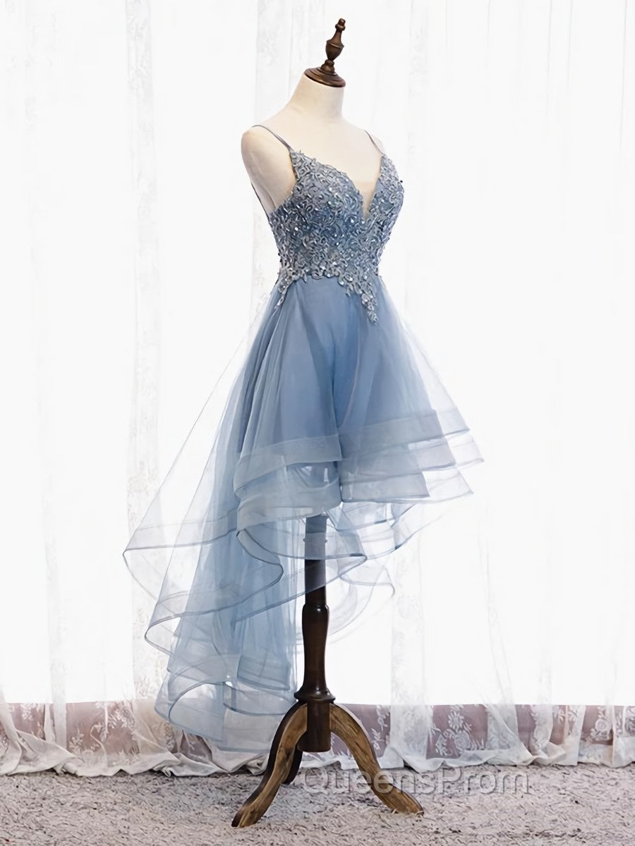 V Neck High Low Blue Lace Evening Prom Dress, Blue Lace High Low Formal Evening Graduation Dress Secondary image