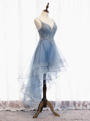 V Neck High Low Blue Lace Evening Prom Dress, Blue Lace High Low Formal Evening Graduation Dress