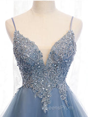 V Neck High Low Blue Lace Evening Prom Dress, Blue Lace High Low Formal Evening Graduation Dress