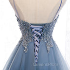 V Neck High Low Blue Lace Evening Prom Dress, Blue Lace High Low Formal Evening Graduation Dress