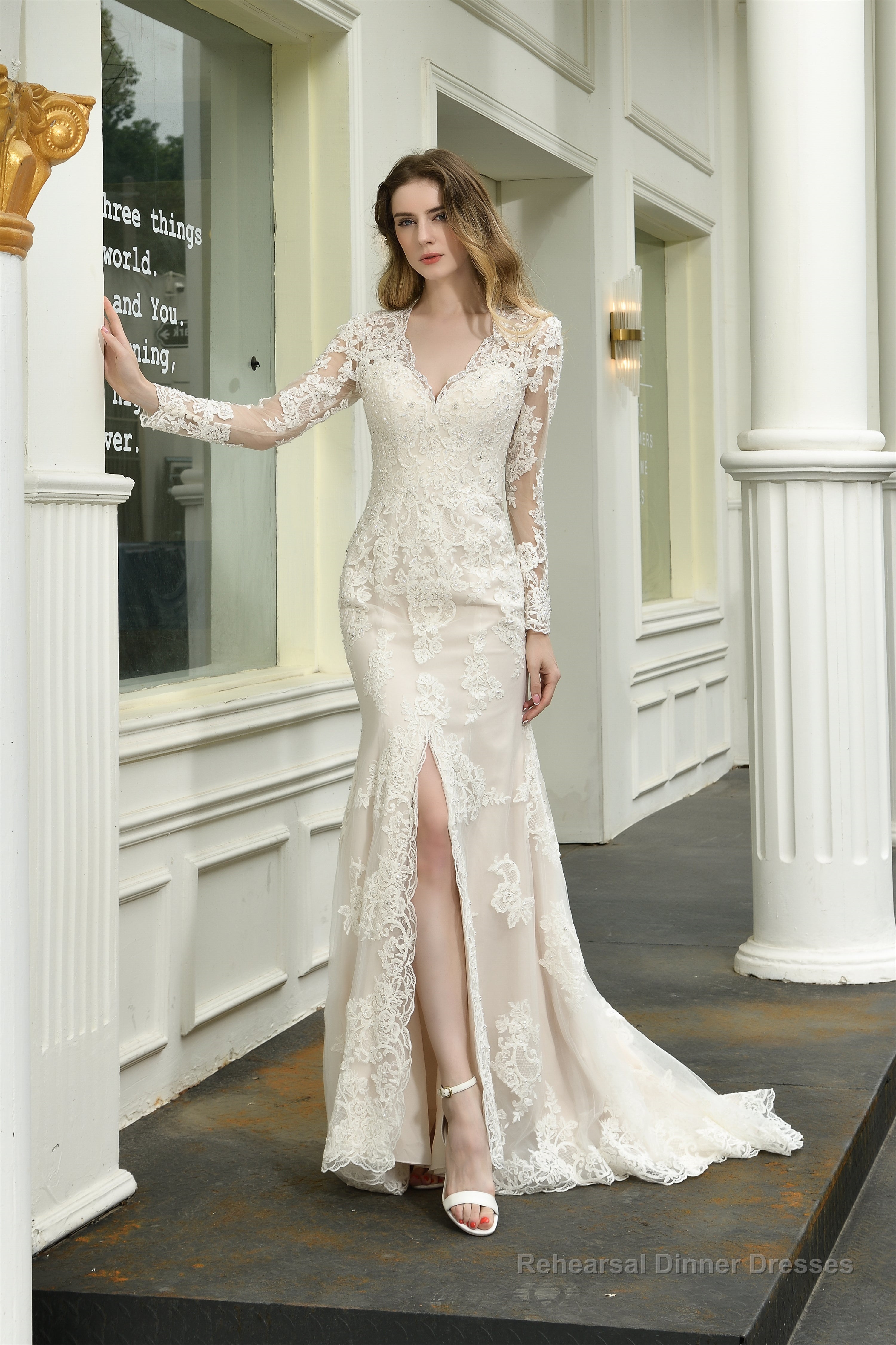 V-Neck High Split Long Sleeves Lace Wedding Dresses With Court Train Main image
