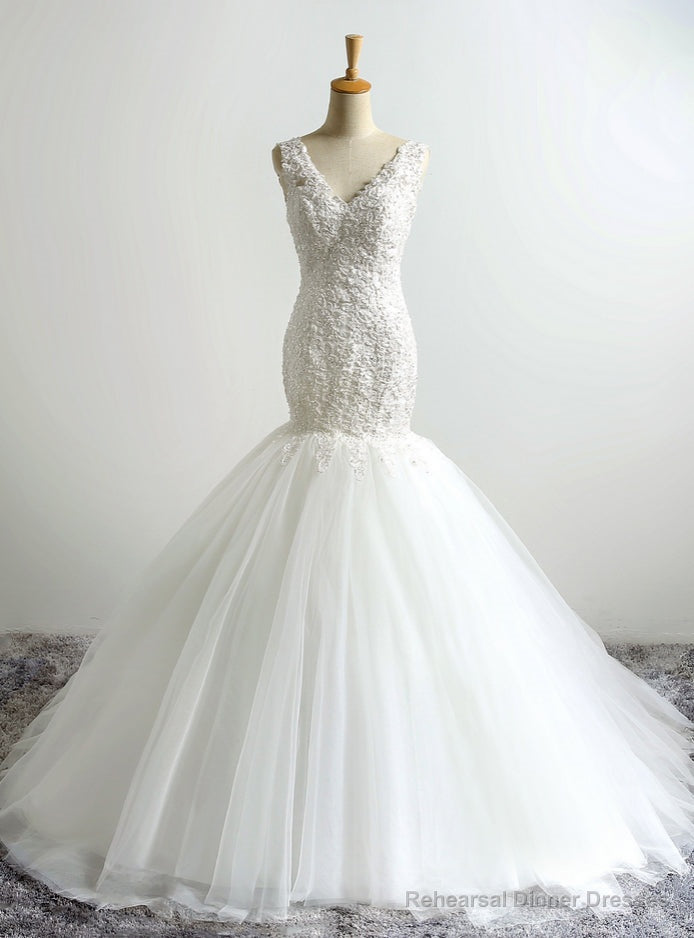 V-Neck Lace Applique Mermaid Wedding Dress with Open Back Main image