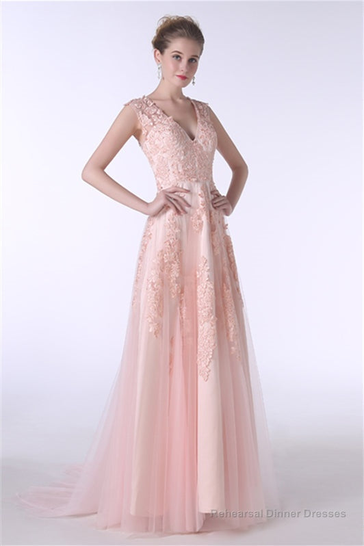 V-Neck Lace Applique Tulle A Line Peach Pink Prom Dresses Secondary image