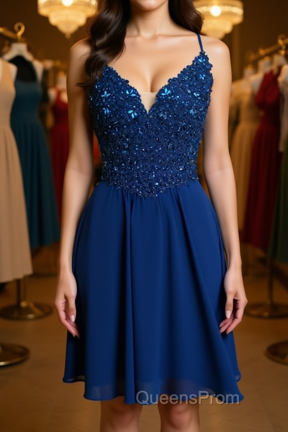 V Neck Lace Beaded Blue Homecoming Dress Short Evening Prom Dress, Blue Lace Graduation Dress, Blue Formal Dress, Evening Dress Main image