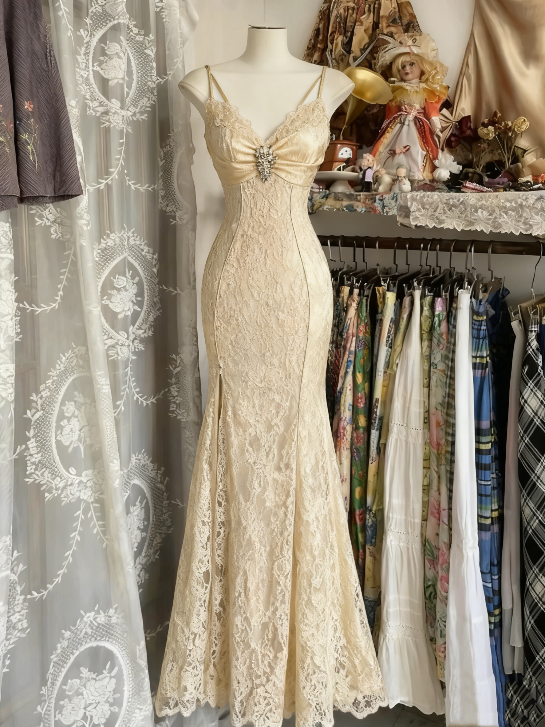 V Neck Lace Burgundy Classy Prom Dress Vintage Mermaid Classy Evening Party Gown Birthday Dress