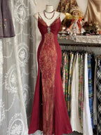 V Neck Lace Burgundy Classy Prom Dress Vintage Mermaid Classy Evening Party Gown Birthday Dress