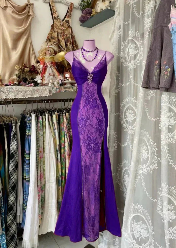V Neck Lace Burgundy Long Classy Prom Dress Mermaid Classy Evening Party Gown