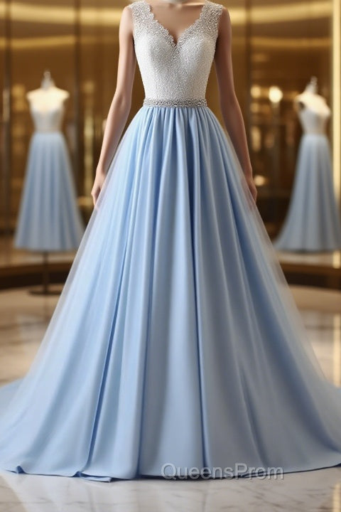 V Neck Light Blue Lace Evening Prom Dress, Light Blue Lace Formal Evening Dress Main image
