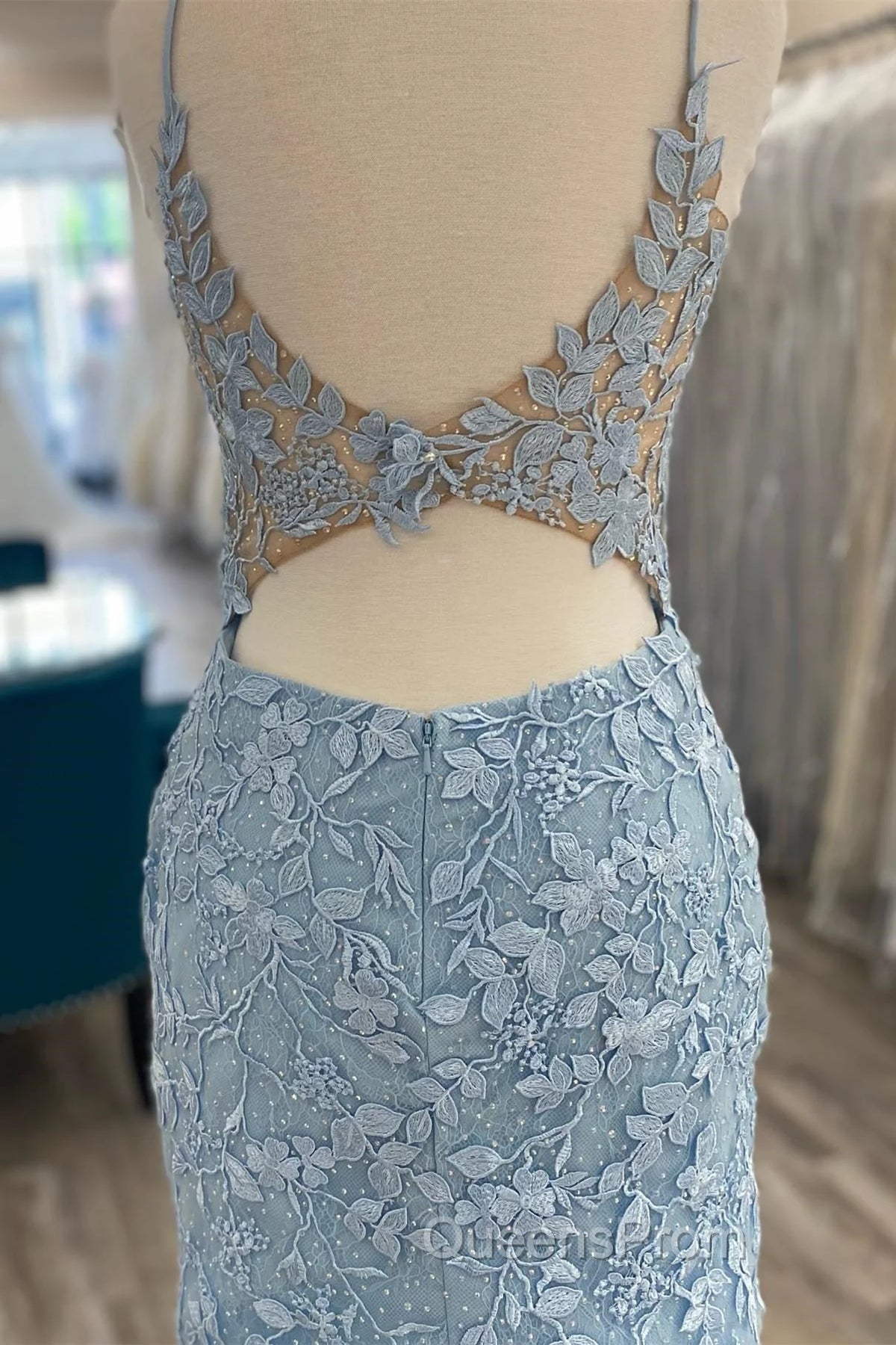 V Neck Light Blue Short Lace Evening Prom Dress, Light Blue Short Blue Lace Graduation Homecoming Dress Secondary image