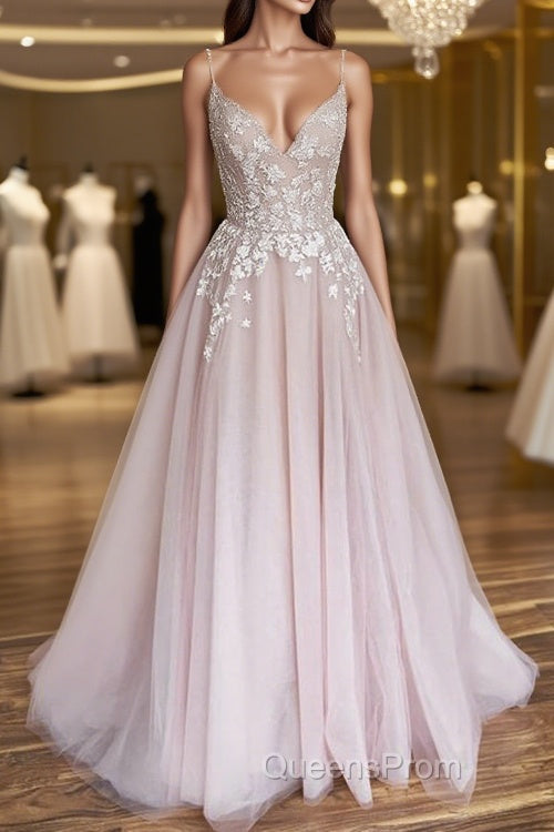 V Neck Light Pink Tulle Lace Evening Prom Dress, Light Pink Tulle Lace Formal Evening Dress Main image