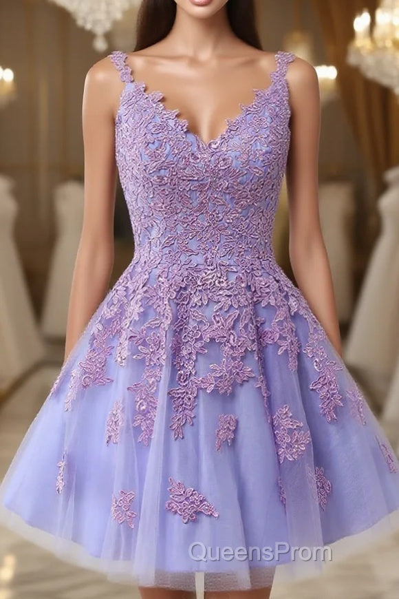 V-Neck Lilace Tulle A-Line Short Party Dress with Appliques Main image