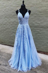 V Neck Long Blue Lace Evening Prom Dress, Blue Long Lace Formal Evening Bridesmaid Dress