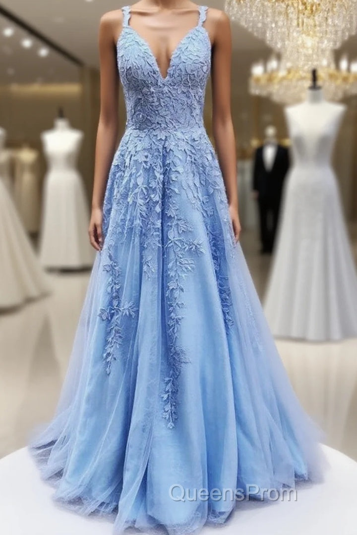 V Neck Long Blue Lace Evening Prom Dress, Blue Long Lace Formal Evening Bridesmaid Dress Main image