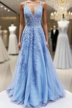 V Neck Long Blue Lace Evening Prom Dress, Blue Long Lace Formal Evening Bridesmaid Dress