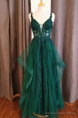 V Neck Long Green Lace Prom Dresses, V Neck Long Green Lace Formal Evening Dresses