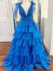 V-Neck Long Evening Prom Dress With Ruffle Skirt