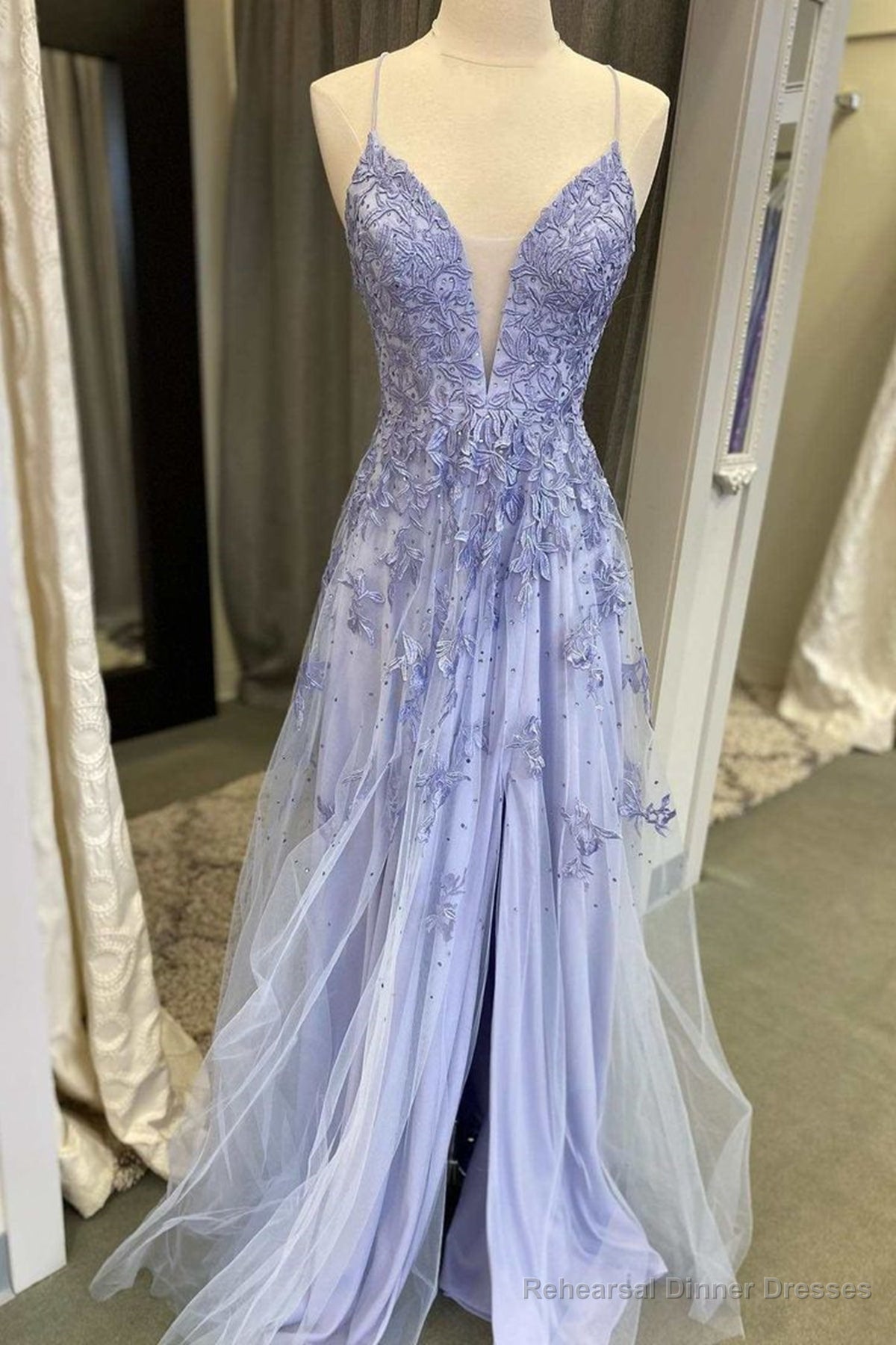 V Neck Long Purple Lace Prom Dresses, Purple V Neck Long Lace Formal Evening Dresses Main image