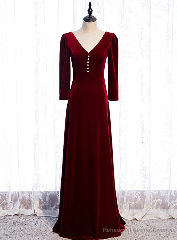 V-neck Long Sleeve Velvet Burgundy Prom Dress Main image