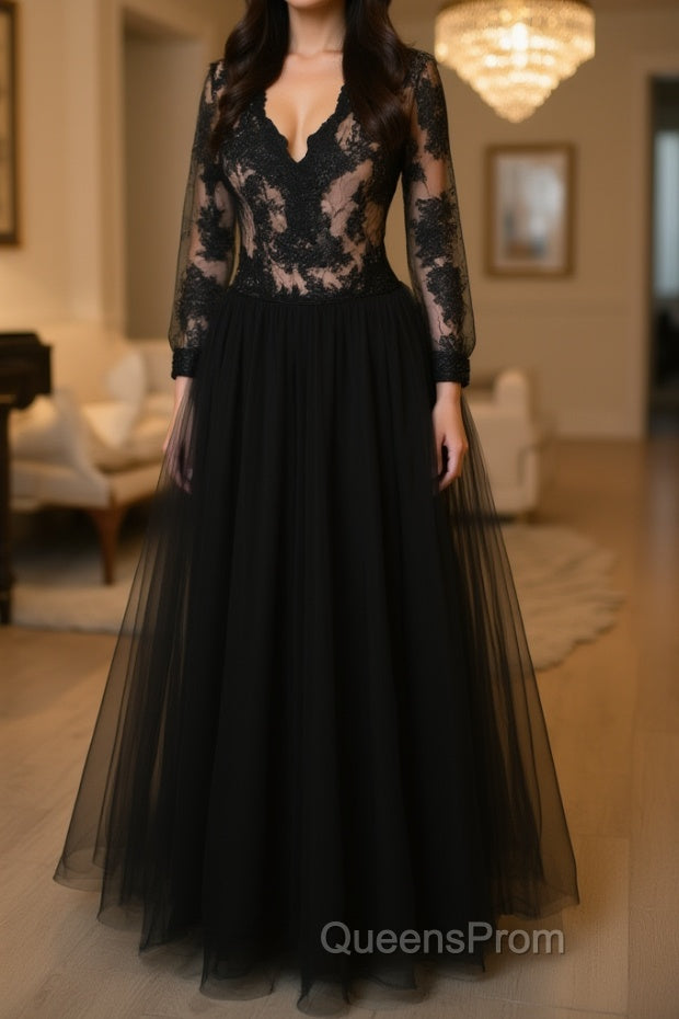 V Neck Long Sleeves Black Lace Long Evening Prom Dress, Long Sleeves Black Lace Formal Dress, Black Lace Evening Dress Main image