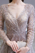 V-neck Long Sleeves Floor Length Lace A-line Prom Dresses
