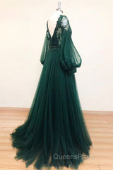 V Neck Long Sleeves Green Lace Evening Prom Dress, V Neck Green Lace Formal Evening Dress