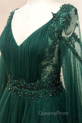 V Neck Long Sleeves Green Lace Evening Prom Dress, V Neck Green Lace Formal Evening Dress