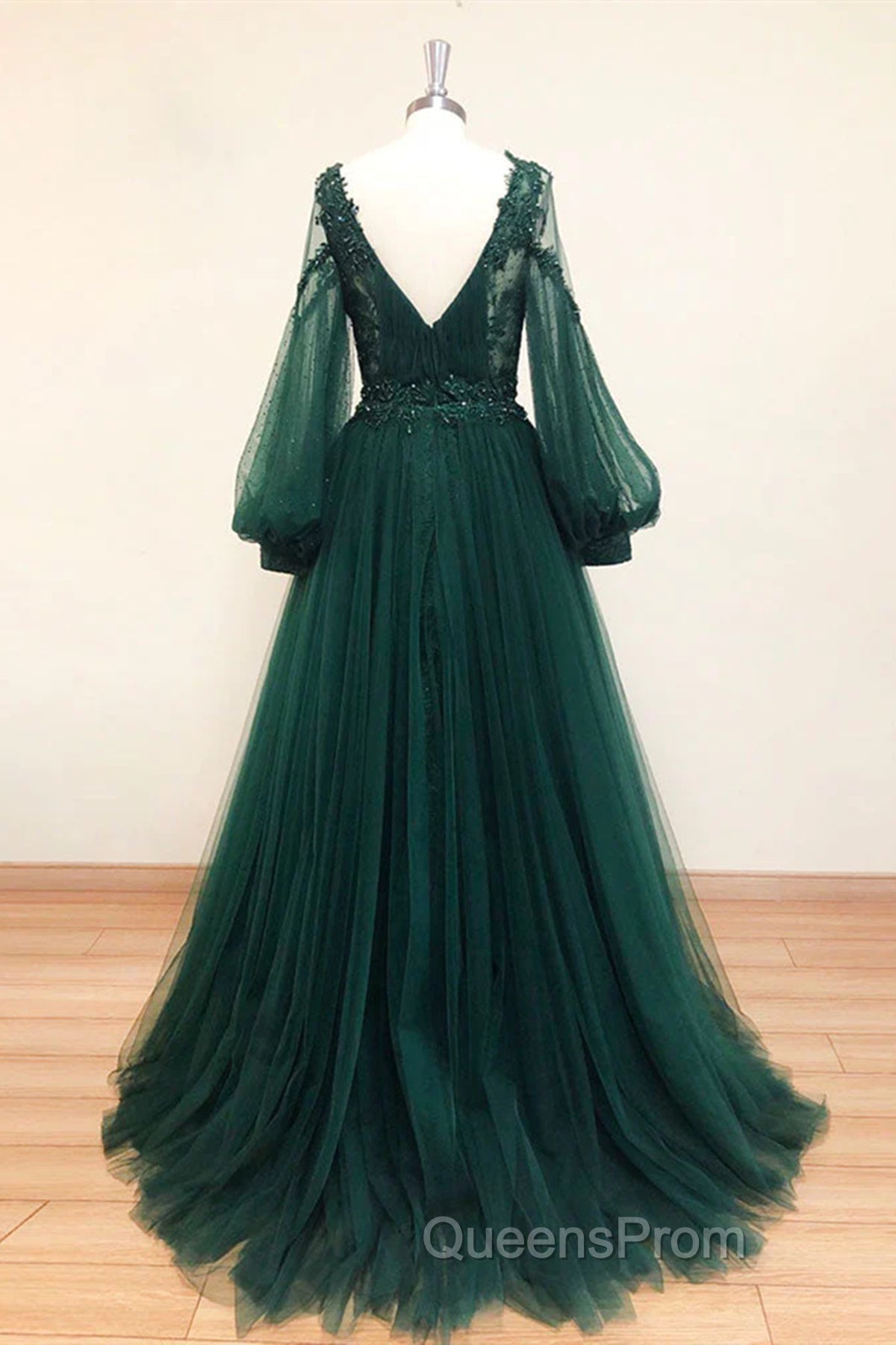 V Neck Long Sleeves Green Lace Evening Prom Dress, V Neck Green Lace Formal Evening Dress