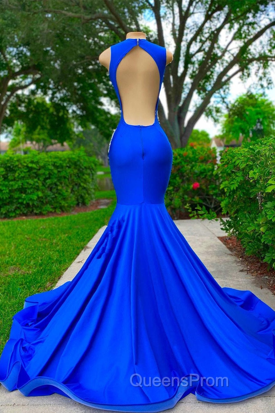 V-neck Mermaid Appliques Lace Sequined Open Back One Shoulder Floor-length Sleeveless Evening Prom Dress Secondary image