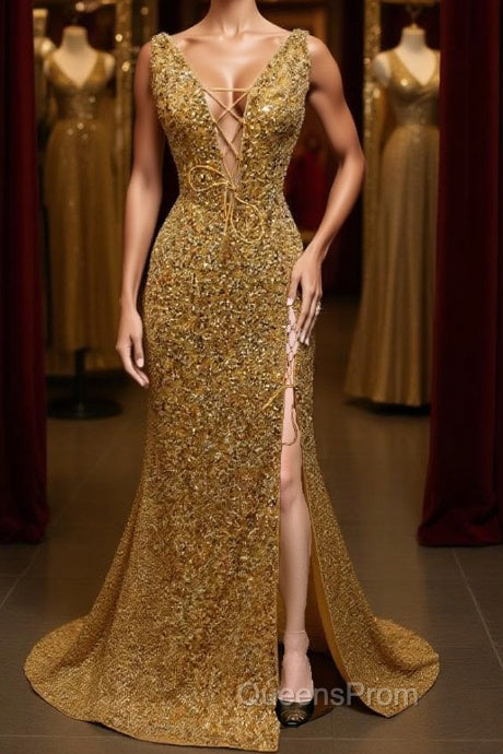 V Neck Mermaid Golden Sequins Long Evening Prom Dress with High Slit, Mermaid Golden Formal Dress, Gold Sequins Evening Dress