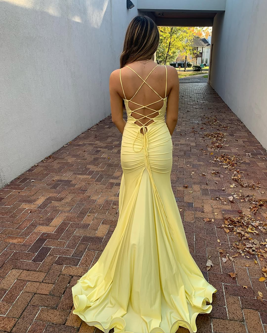 V Neck Mermaid Long Classy Prom Dress Yellow Classy Dress