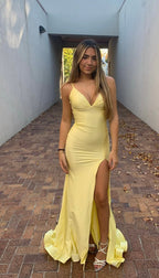 V Neck Mermaid Long Classy Prom Dress Yellow Classy Dress
