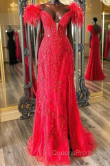V Neck Mermaid Off Shoulder Red Lace Long Evening Prom Dress, Mermaid Red Formal Dress, Red Lace Evening Dress